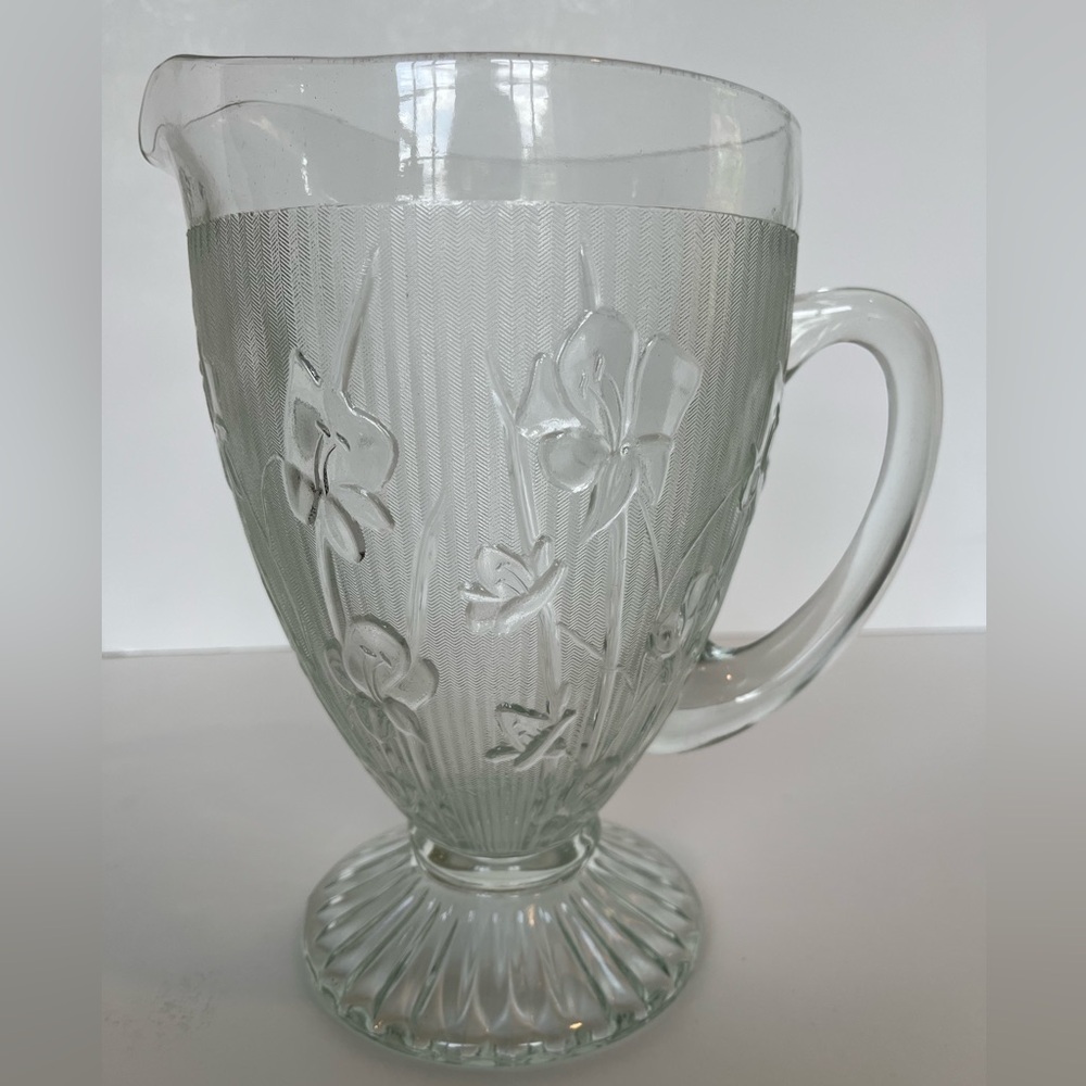 Depression Glass Footed Pitcher Iris and Herringbone Pattern by Jeanette Glass